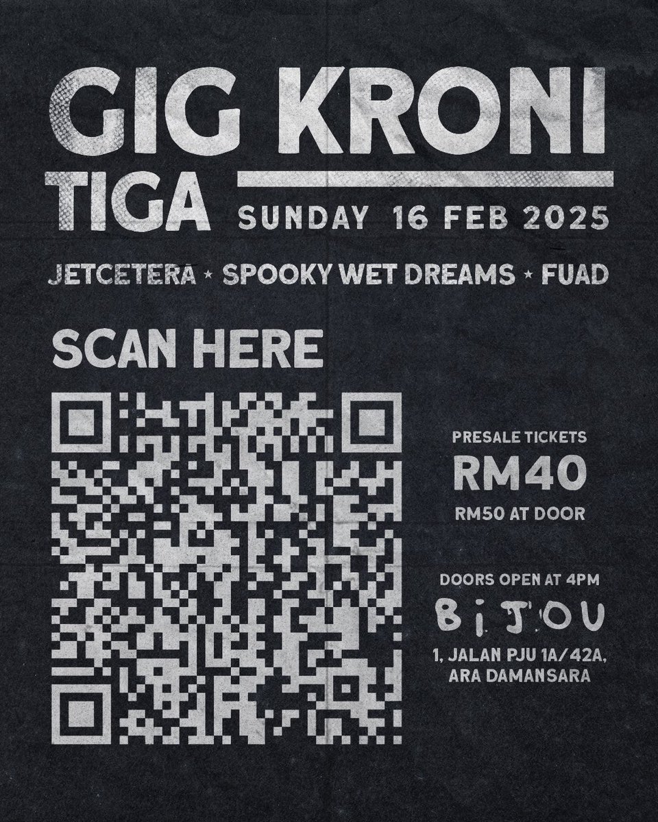 TIBER: Tau tau ada gig 🚨

Buat pertama kalinya; Spooky Wet Dreams, <a href="/FUADduo/">FUAD</a> dan <a href="/jetceteraMY/">jetcetera</a> bersatu bergabung 👊🫡 

GIG KRONI TIGA paling kroni dekad ini. Tiket pre-sale limited gila babs

Time ni la nak singalong Air Mata Buaya 🐊

Scan n buy now! RT utk rejeki
