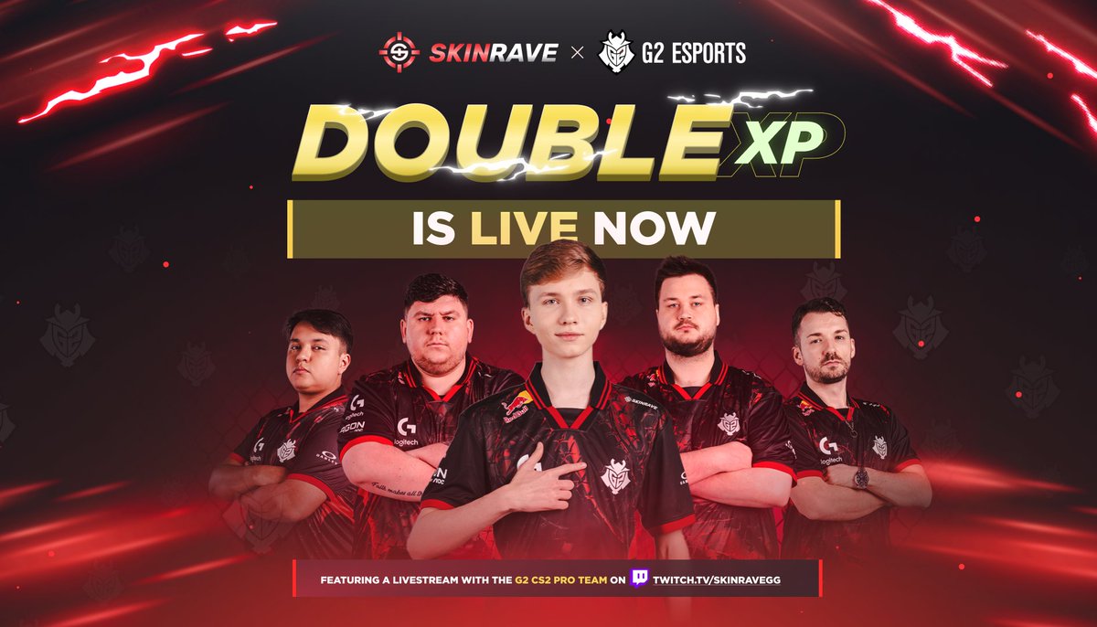 We are live now with the G2 Team! Hop in 
twitch.tv/skinravegg

DOUBLE XP WEEKEND ACTIVATED 
Climb the ranks now on skinrave.gg