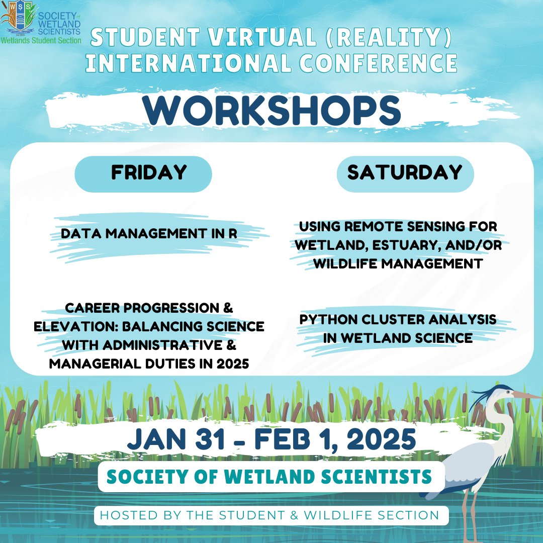 <a href="/StudentsofSWS/">Students of SWS</a> We'll have workshops on using R led by UF Carpentries Club and Python led by Nick Chin for ecology and wetland science applications. There will be a geospatial and remote sensing workshop focusing on discussing different environmental applications! We'll also have a career panel.