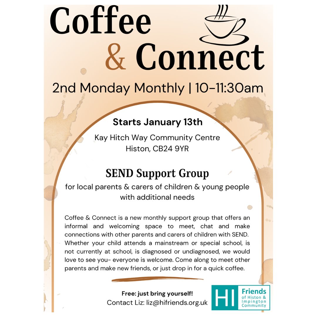 pinpointcambs's tweet image. Coffee &amp;amp; Connect: A monthly support group for parents/carers of children with SEND. Meet, chat, and connect. Free to join—just bring yourself! Contact Liz: liz@hifriends.org.uk
 #CoffeeAndConnect #SENDSupport  #ParentSupportGroup #CarersConnect