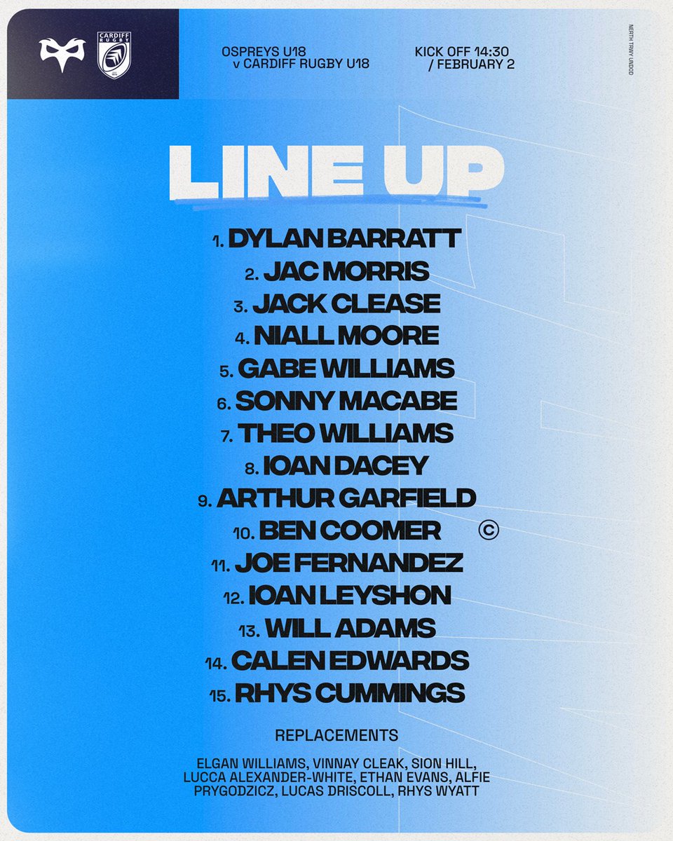 Here's the team line-up for our Under 18s fixture against <a href="/ospreys/">Ospreys</a> on the 2nd of February. 

Read Josh Turnbull's thoughts here - 

cardiffrugby.wales/news/u18-selec…

#YmlaenCaerdydd