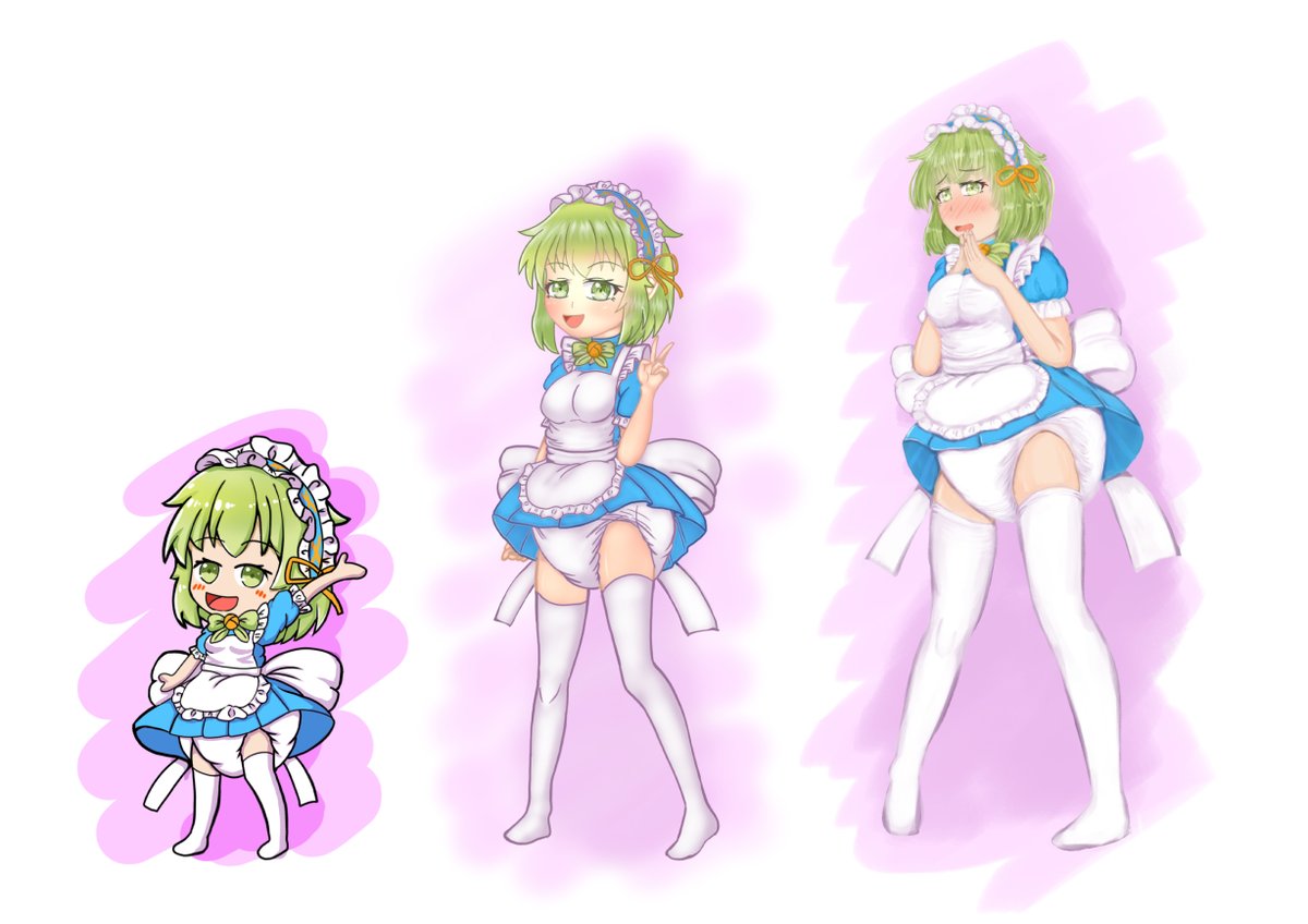 またまた再掲で申し訳ないですが説明にちょうど良さそうなので。
一番右の絵が実際のうちの子のイメージだと思ってください。
だが私は「かわいい」を強調して描きたい!
だからデフォルメして真ん中のような感じに描いているだけの話なのです。
(実は右の等身も結構気に入ってたりする) 