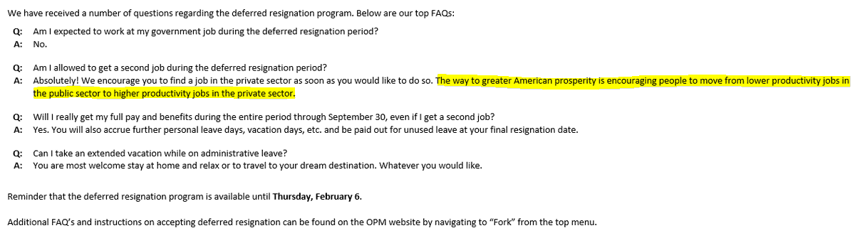 Thought you might like some perspective on what's going on with federal employees. 

On Monday, OPM sent out an email telling people to resign with a shitty offer or else they may lose their jobs. 

And just today, we received another email telling us that our jobs are "low