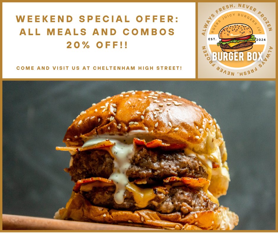 burgerboxchelt's tweet photo. All weekend long, 20% off on all combo boxes and meals. Find us at cheltenham high street today! #20off #combo #discount #deals #dealoftheday https://t.co/g7xsHy9vSn