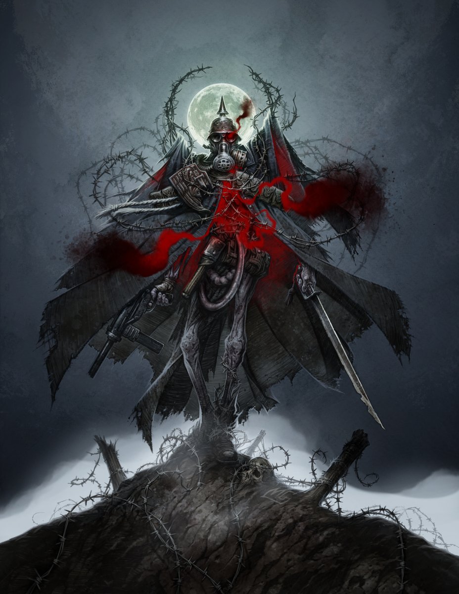 TRENCH GHOST TROOPER
- Art by Mark Gibbons
The condition of the Trench Ghost fills them with bottomless hatred and envy for the living, and their warbands wage endless war against all other creatures, be they Faithful or their former comrades who serve the inferno.