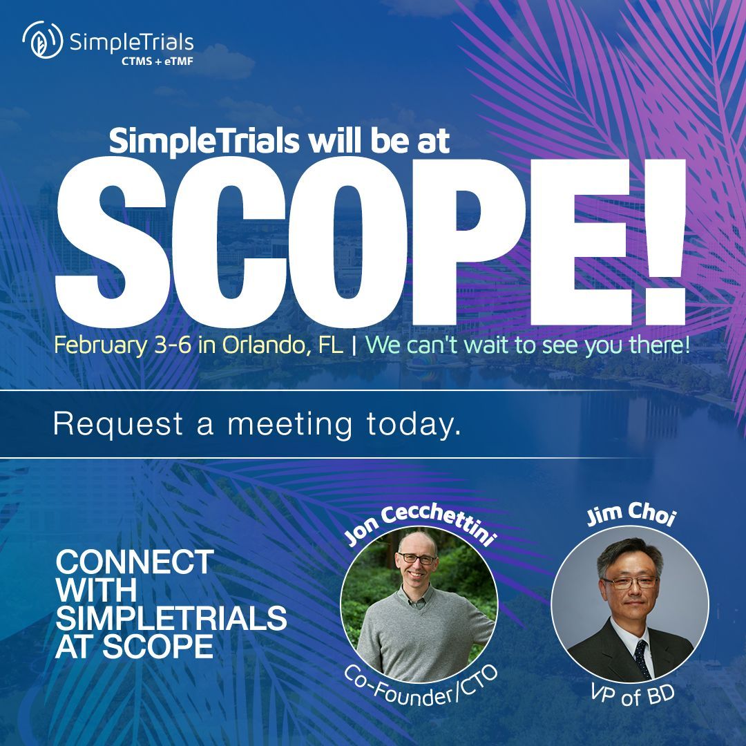 SimpleTrials will be exhibiting at #SCOPEsummit showcasing our innovative solutions for #ClinicalTrials and digital health. Join us from February 3-6 at booth #431 in Orlando to learn more, or schedule a meeting with our team: buff.ly/3TubVYC #SCOPE2025 #ClinicalOperation