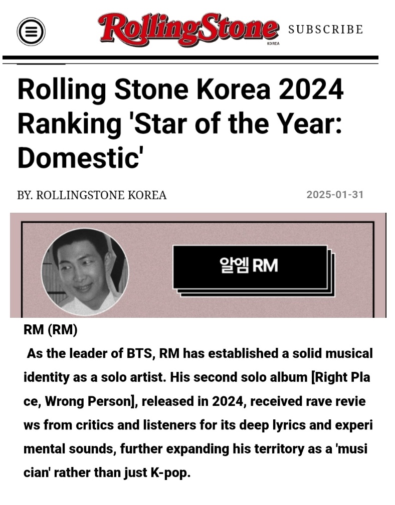 pjmIesviu's tweet photo. — Rolling Stones Korea nombrando a #RM como "ESTRELLA DEL AÑO" del 2024! QUE ORGULLO! 😭🔥

"RM ha establecido una sólida identidad musical como artista solista"

STAR OF THE YEAR RM
CONGRATULATIONS NAMJOON
PROUD OF YOU NAMJOON
CONGRATULATIONS RM
HISTORY MAKER RM https://t.co/vOzTsjuuHL