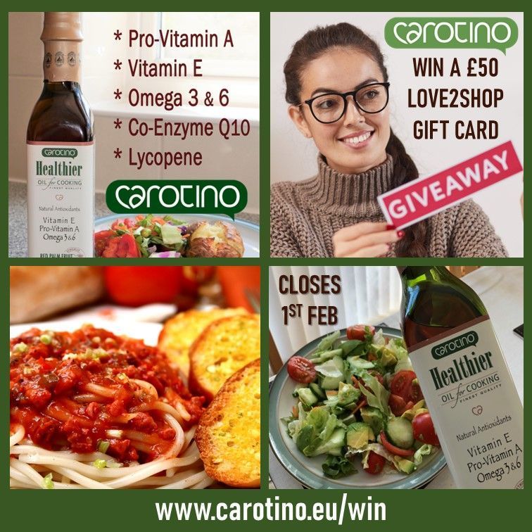 CarotinoOil's tweet photo. Closing tomorrow - our fab #competition for the chance to #win a £50 Love2Shop gift card with versatile, vitamin-rich Carotino Healthier Cooking Oil. The #giveaway ends at midnight on 1 Feb. Good Luck! https://t.co/XybMexEUSI #competitiontime #competitionalert #inittowinit #prize https://t.co/74ETqp9Zwu
