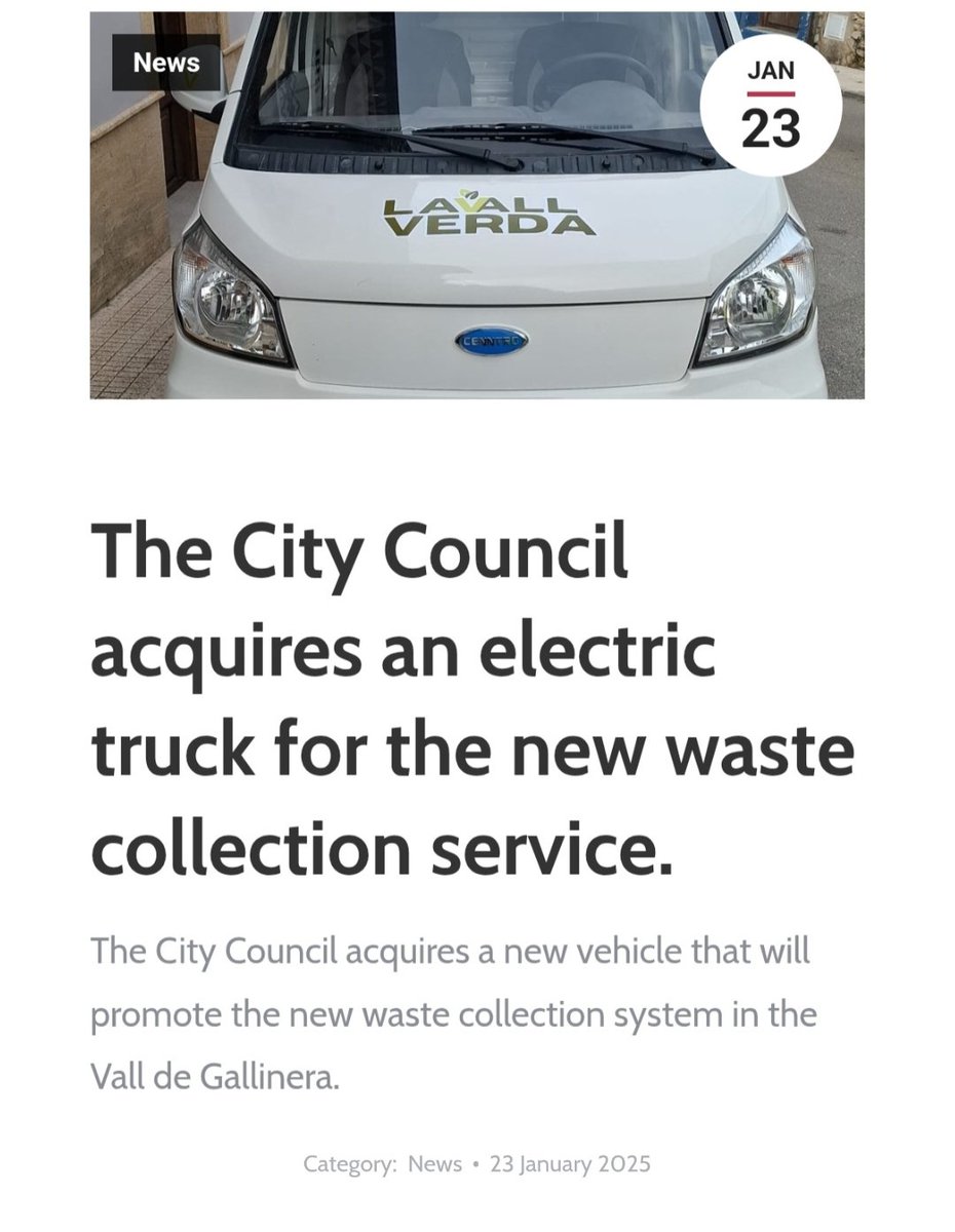 _X_Alex_'s tweet image. Jan 23, 2025
La Vall de Gallinera city council
[Alicante - #Spain] acquires EV for
the new waste collection service.

Cenntro #Logistar 200 - #LS200

#CENN #CENNTRO - $CENN
#EV #ElectricVehicles

The vehicle cost €44,223, 70%
of which was subsidized.