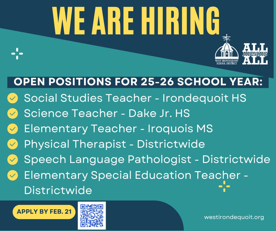 2025-2026 SCHOOL YEAR! We have full-time probationary positions open for next school year. We offer strong benefits, competitive pay, and the opportunity to join the NYS pension program. Apply by February 21 at bit.ly/Teach_WICSD