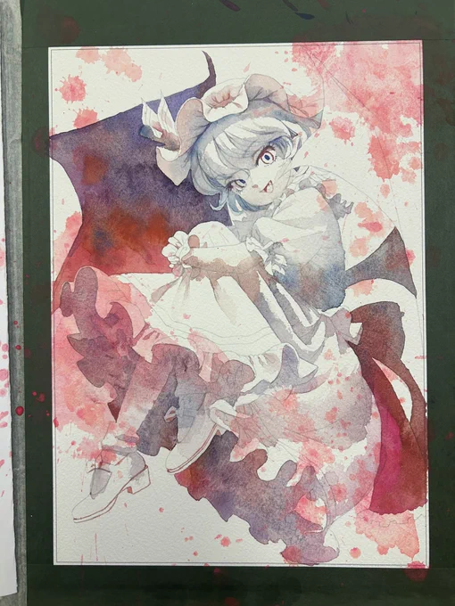 TikTokライブで描いたレミリア。今日はここまで。大まかな陰影つけたところ。#アナログ絵 #レミリア・スカーレット #東方Project #透明水彩 
