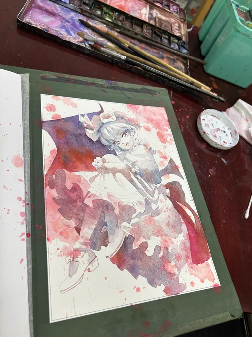 TikTokライブで描いたレミリア。今日はここまで。大まかな陰影つけたところ。#アナログ絵 #レミリア・スカーレット #東方Project #透明水彩 