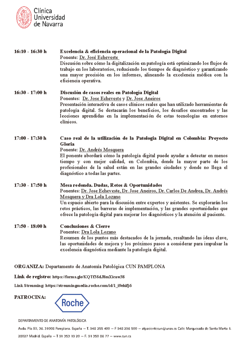 mdlozanoe's tweet photo. Patología digital desde @ClinicaNavarra #CUNPath
Anímate a participar. Es gratis. Puedes venir a Pamplona y disfrutar de nuestra @unav, o unirte de forma virtual.
Aquí 👇programa y enlaces  @SEAP_IAP @SECitologia @asocolpat @MauroSaieg @AshishC97225686 @CeciliaEGimene1 @roche_es https://t.co/vi27rpBEu6