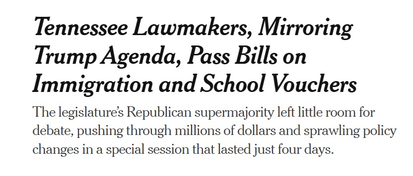 Key point about the Tennessee GOP's ramming through this $500 million school voucher program: they had to do it this way because public support was so tepid. Not only was the public ed world opposed but grassroots conservative orgs were against it too.