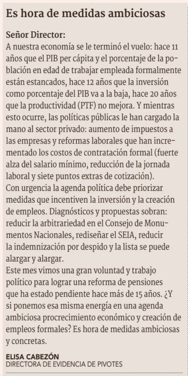 Elisa Cabezón (@mecabezon) on Twitter photo Este mes vimos una gran voluntad y trabajo político para lograr una reforma de pensiones, pendiente hace + de 15 años.
¿Y si ponemos esa misma energía en una agenda pro-crecimiento y creación de empleos formales? Es hora de medidas ambiciosas y concretas.
Carta en <a href="/DFinanciero/">Diario Financiero</a> Este mes vimos una gran voluntad y trabajo político para lograr una reforma de pensiones, pendiente hace + de 15 años.
¿Y si ponemos esa misma energía en una agenda pro-crecimiento y creación de empleos formales? Es hora de medidas ambiciosas y concretas.
Carta en <a href="/DFinanciero/">Diario Financiero</a>