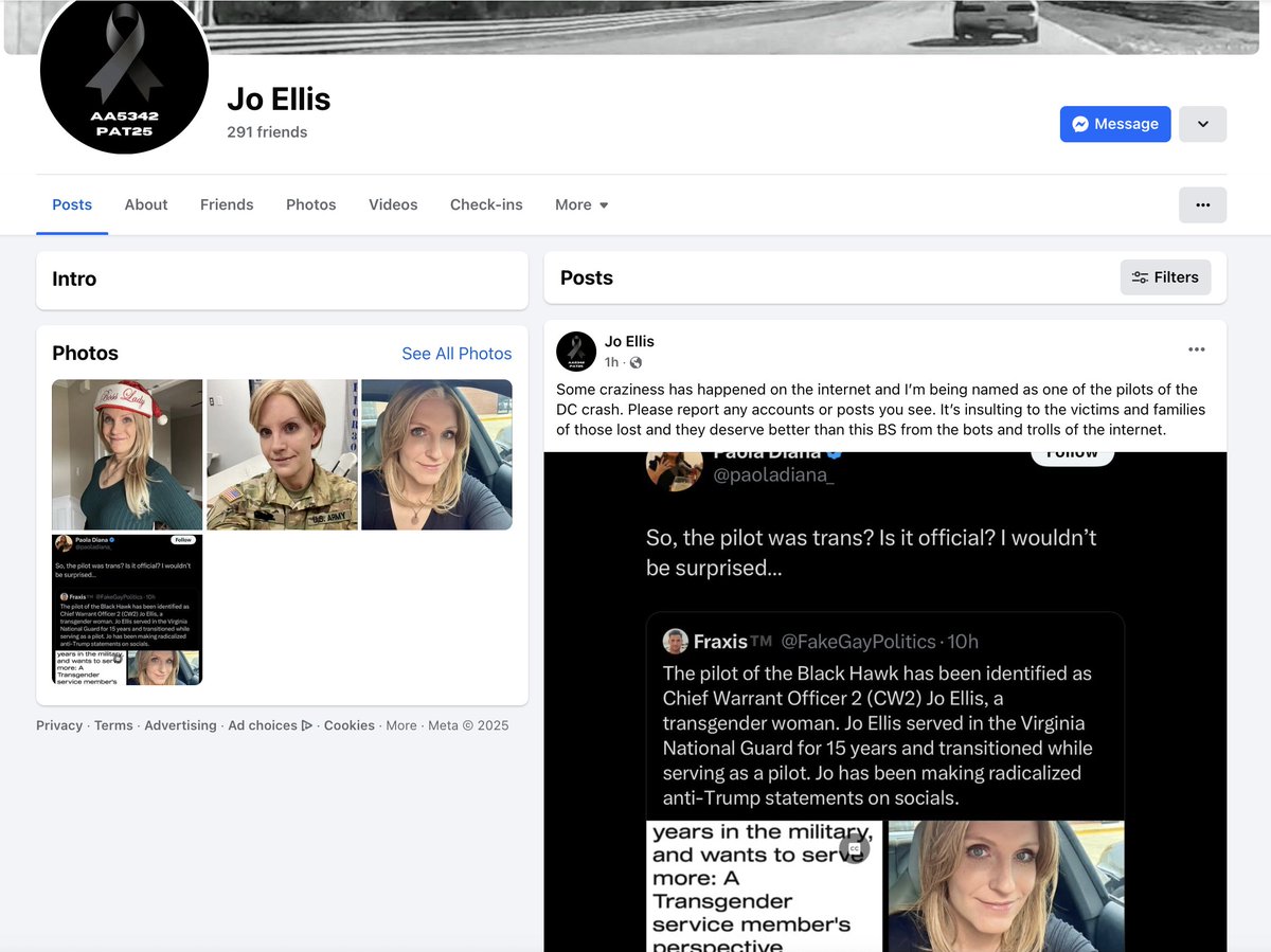 Viral posts that claim the pilot of the Black Hawk helicopter involved in the crash in Washington was a transgender woman named Jo Ellis who deliberately caused the incident are false and baseless.

Jo Ellis has posted on Facebook to confirm she's alive, and not the pilot.