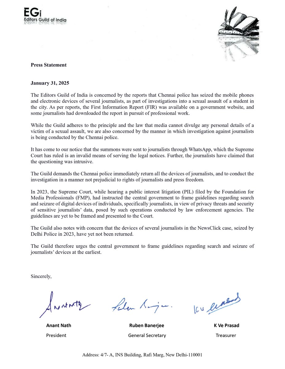 EGI Statement on seizure of mobile phones of journalists by Chennai police
