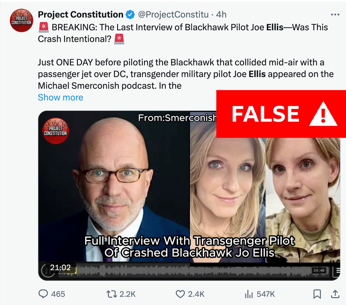 Shayan86's tweet photo. Viral posts that claim the pilot of the Black Hawk helicopter involved in the crash in Washington was a transgender woman named Jo Ellis who deliberately caused the incident are false and baseless.

Jo Ellis has posted on Facebook to confirm she's alive, and not the pilot. https://t.co/30n4raJa8A
