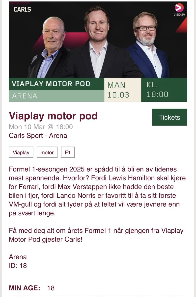Få med deg Viaplay Motor Pod live på Carls i Oslo mandag 10. mars kl 18.00. Billetter her: ticketmaster.no/event/viaplay-…