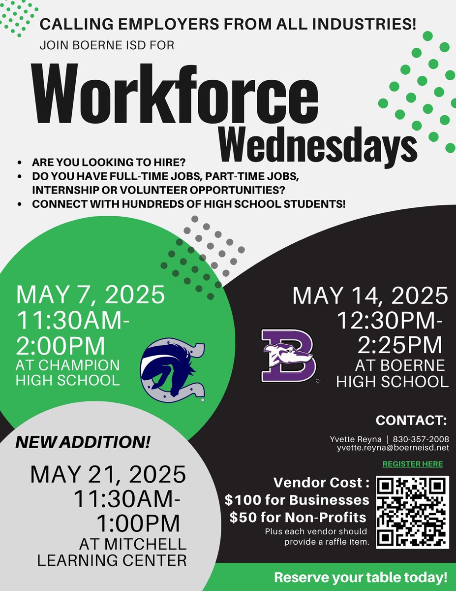 Boerne ISD (@boerneisd) on Twitter photo 🚨 Attention Employers! 🚨
Looking to hire high school students this summer? Don't miss out on Boerne ISD's Workforce Wednesdays this May! It’s a great opportunity to meet and recruit enthusiastic, motivated students ready to jump into the workforce. 🚨 Attention Employers! 🚨
Looking to hire high school students this summer? Don't miss out on Boerne ISD's Workforce Wednesdays this May! It’s a great opportunity to meet and recruit enthusiastic, motivated students ready to jump into the workforce.