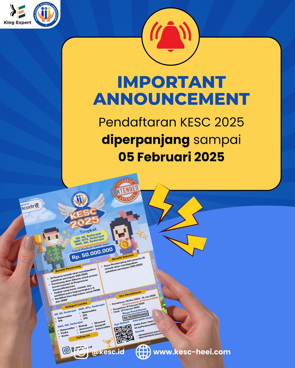 Kesc_id's tweet photo. PENGUMUMAN PENTING⚠️🙀

Jadi ada info penting tentang perpanjangan pendaftaran KESC 2025 sampai tanggal 5 Februari 2025👍⏳

🔗 Daftar disini: https://t.co/iQkkiKKLfG atau https://t.co/zUg7TMagFN

📱 0851-8321-3414
📧 contact@kingexpert.id

#KESC2025 #CountdownKESC #Competition https://t.co/AABQt9TQAE