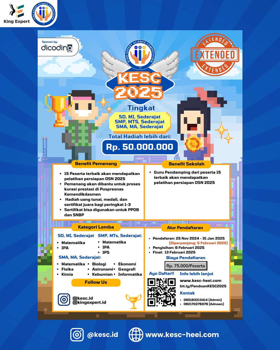 Kesc_id's tweet photo. PENGUMUMAN PENTING⚠️🙀

Jadi ada info penting tentang perpanjangan pendaftaran KESC 2025 sampai tanggal 5 Februari 2025👍⏳

🔗 Daftar disini: https://t.co/iQkkiKKLfG atau https://t.co/zUg7TMagFN

📱 0851-8321-3414
📧 contact@kingexpert.id

#KESC2025 #CountdownKESC #Competition https://t.co/AABQt9TQAE