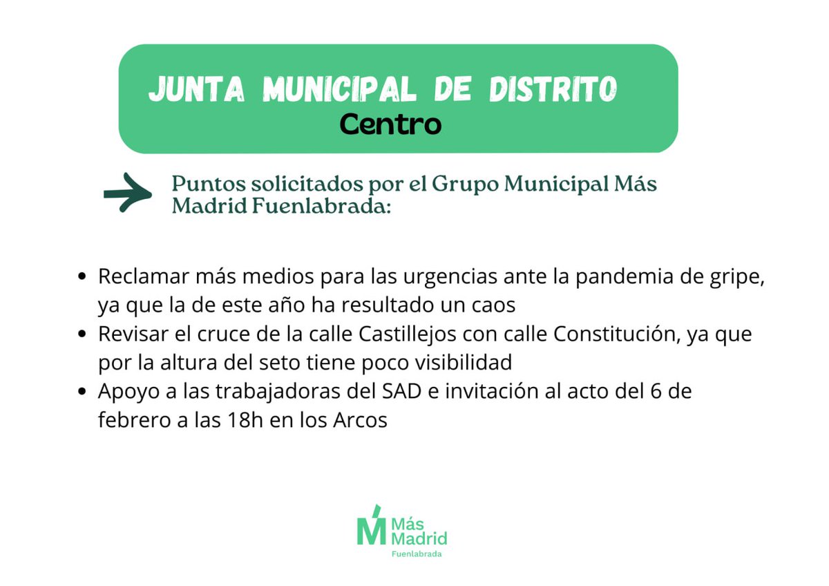 Esta semana hemos tenido Plenos en las Juntas de Distrito. Os dejamos nuestras propuestas y como siempre os recordamos que cualquier aportación o sugerencia para vuestro barrio la podéis enviar a grupomasmadrid@ayto-fuenlabrada.es