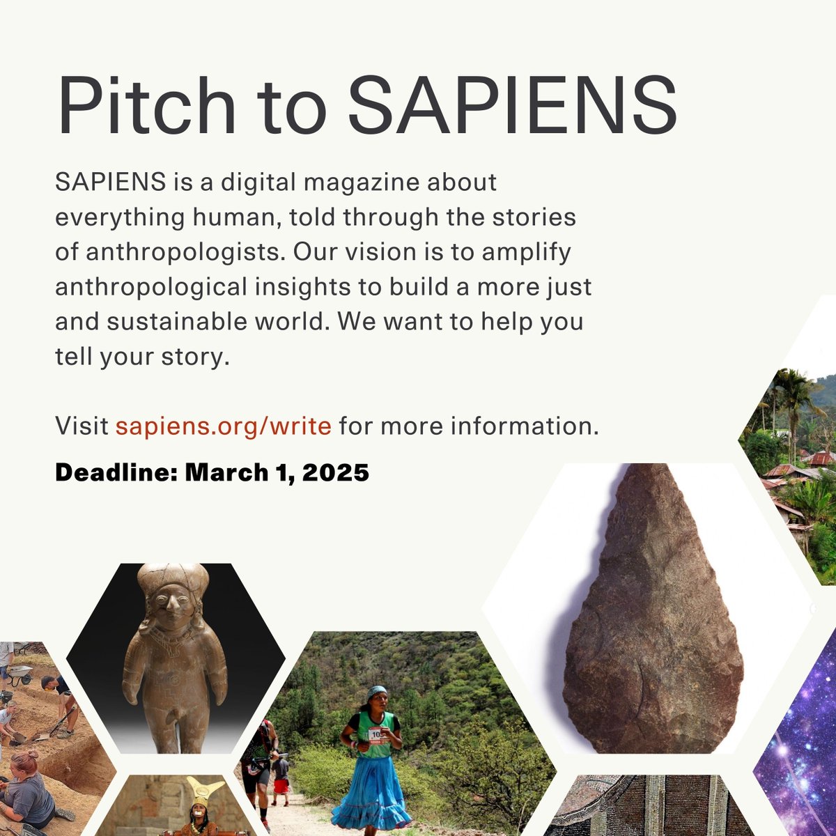 SAPIENS is a free digital magazine devoted to popularizing anthropological research and ideas for an international, general audience. Each March 1, the editorial team considers “pitches” from anthropologists about contributing to the magazine. buff.ly/3WDep8s