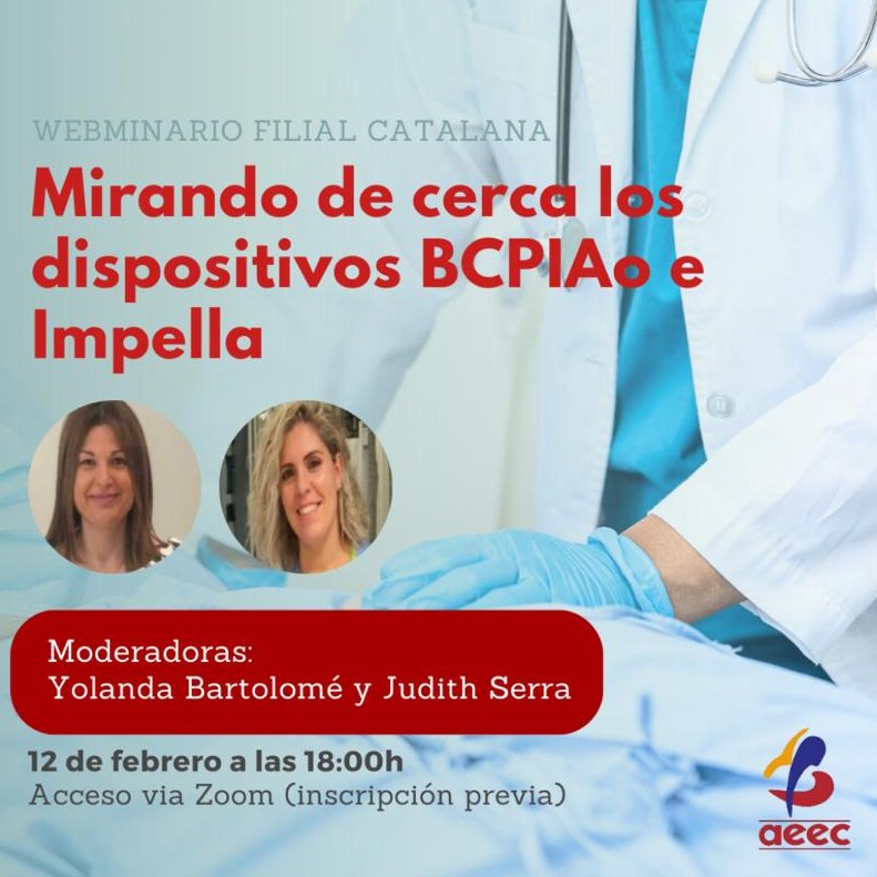Viernes!! Pero nosotros estamos calentando ya y a tope con formaciones y actualizaciones. El miércoles 12/02, la AEEC dará un webinar sobre el manejo de enfermería del balón de contrapulsacion intraaortico y el dispositivo Impella.
Inscríbete en la web de la AEEC, te esperamos!!