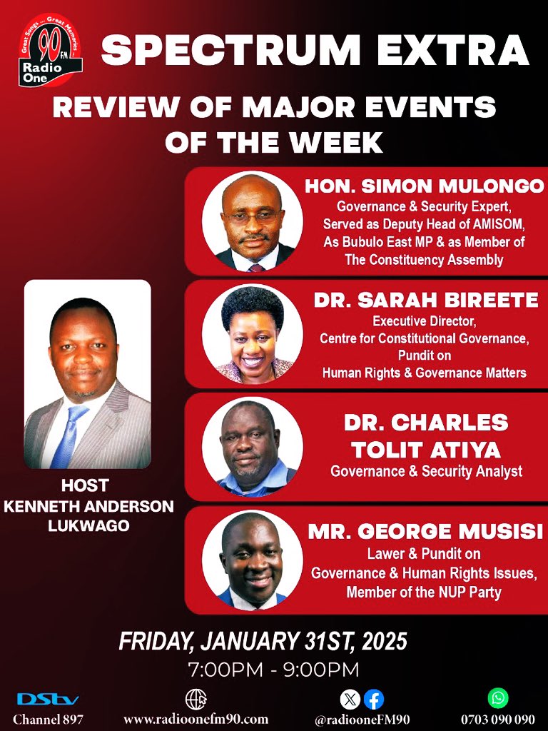 Center for Constitutional Governance (CCG) (@ccgea1) on Twitter photo Tune in to <a href="/RadioOneFM90/">Radio One FM90</a> at 7pm (tonight) as #SpectrumExtra guests review the major events of the week. Hosted by <a href="/anderlukson/">Kenneth Anderson Lukwago</a>
<a href="/SarahBireete/">Dr. Bireete Sarah</a> <a href="/TolitC/">Tolit Charles Atiya</a> <a href="/simonmulongo/">Simon Mulongo</a> <a href="/GeorgeMusisi4/">George Musisi</a> Tune in to <a href="/RadioOneFM90/">Radio One FM90</a> at 7pm (tonight) as #SpectrumExtra guests review the major events of the week. Hosted by <a href="/anderlukson/">Kenneth Anderson Lukwago</a>
<a href="/SarahBireete/">Dr. Bireete Sarah</a> <a href="/TolitC/">Tolit Charles Atiya</a> <a href="/simonmulongo/">Simon Mulongo</a> <a href="/GeorgeMusisi4/">George Musisi</a>