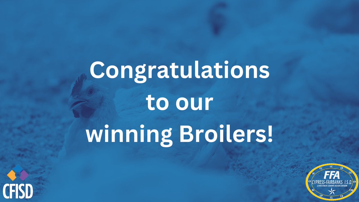 CFISD Livestock Show (@cfisdlsa) on Twitter photo Congratulations to the winners of the 2025 CFISD LSA Broiler show!
Luke O’Rear - Cypress Ranch
Grand Champion
&
Ainsley Ainsworth - Cy-Fair
Reserve Champion
To check out all results, click here:
tinyurl.com/2025CFISDLSAre…
<a href="/CFISDCTE/">CFISD CTE Dept</a>
#CFISDspirit Congratulations to the winners of the 2025 CFISD LSA Broiler show!
Luke O’Rear - Cypress Ranch
Grand Champion
&
Ainsley Ainsworth - Cy-Fair
Reserve Champion
To check out all results, click here:
tinyurl.com/2025CFISDLSAre…
<a href="/CFISDCTE/">CFISD CTE Dept</a>
#CFISDspirit