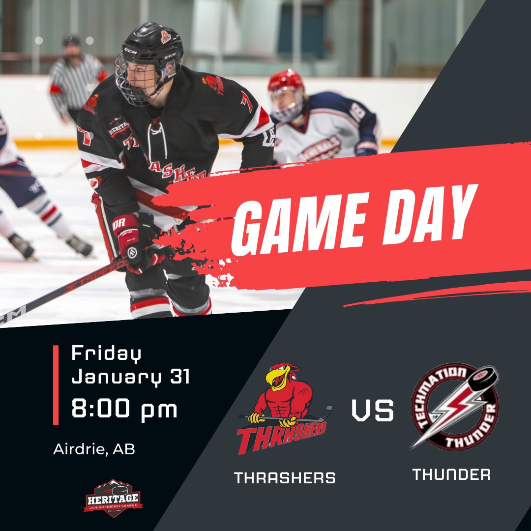 🚨GAME DAY🚨 Tonight, the Three Hills Thrashers hit the road for a Friday night battle against the <a href="/AirdrieThunder/">Airdrie Techmation Thunder Official</a> ! Puck drops at 8:00 PM—get ready for a barnburner! Let’s bring the heat.