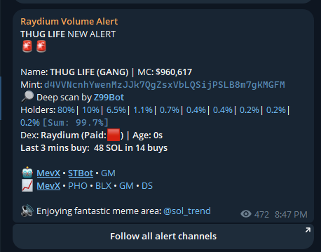 datnm8's tweet photo. My public channel also detects $GANG at $960k. 2 min before official CA posted by @mrpunkdoteth 
Over 400x in ATH
Don't fade Raydium Volume Alert (Raydium and Oraca) https://t.co/SsauuPWxQW