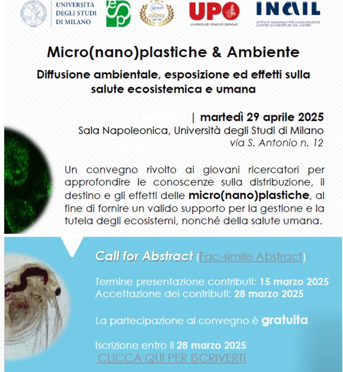 vi aspettiamo il 29 aprile al convegno che stiamo organizzando per parlare di #microplastiche e #nanoplastiche in ambiente! 🌿 <a href="/LaStatale/">Università degli Studi di Milano</a> <a href="/inail_gov/">Inail</a>
registratevi al seguente link: docs.google.com/forms/d/12-hMz…