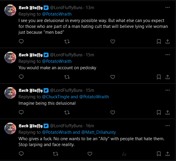 PotatoWraith's tweet image. Imagine being so unbothered you necro-comment on a bunch of random posts like a totally normal person. I expect some slur-laden comments on this post, too.