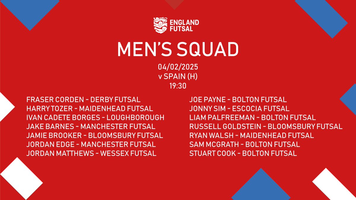 EnglandFutsal's tweet image. Here we go then! Your @EnglandFutsal 🦁to take on 🇪🇸 this coming Tuesday 4th February, 7.30pm ko. If you haven&apos;t got a ticket don&apos;t panic, join us LIVE on the England Futsal YouTube channel for all the action. youtube.com/live/9TTL5UHXB… @UEFAFutsal #OnePride #HearThemRoar
