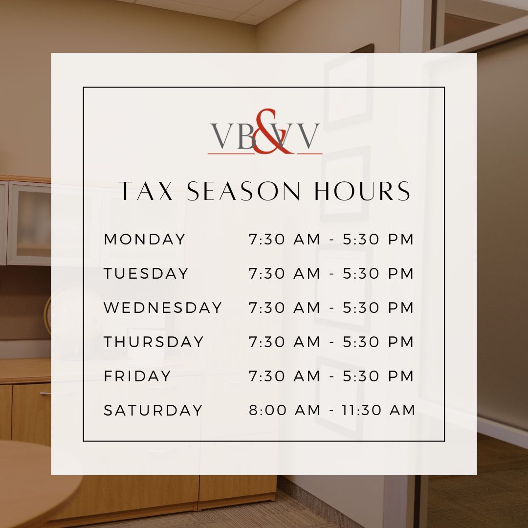 VBandVV's tweet photo. Our extended tax season hours begin tomorrow, February 1. The lobby will be open:
Monday-Friday from 7:30 AM - 5:30 PM
Saturday from 8:00 AM -11:30 AM

We look forward to serving you.

#VBandVV #taxseason #taxprofessionals #accountingservices https://t.co/oDqJjGqiFE