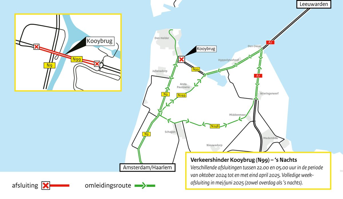 Let op! Ga je maandag of dinsdag (3 en 4 februari) laat op pad van of naar Texel? Houd dan rekening met een vervroegde nachtafsluiting van de Kooybrug. De nachtafsluitingen beginnen 2 uur eerder, namelijk om 20.00 uur in plaats van 22.00 uur. Doorgaand verkeer wordt omgeleid.