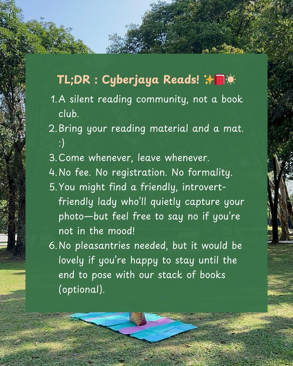 puteriarchy's tweet photo. Cyberjaya Reads: A Silent Reading Community.

Bring your book (or Kindle!) and a mat, and join other like-minded bookworms under the sun, surrounded by greenery. 🌳📖❤️

📍Taman Tasik Cyberjaya
📆 Every Sunday, 8.30am - 10.30am

Come, come! 😊 #CyberjayaReads https://t.co/OLFleTPikk