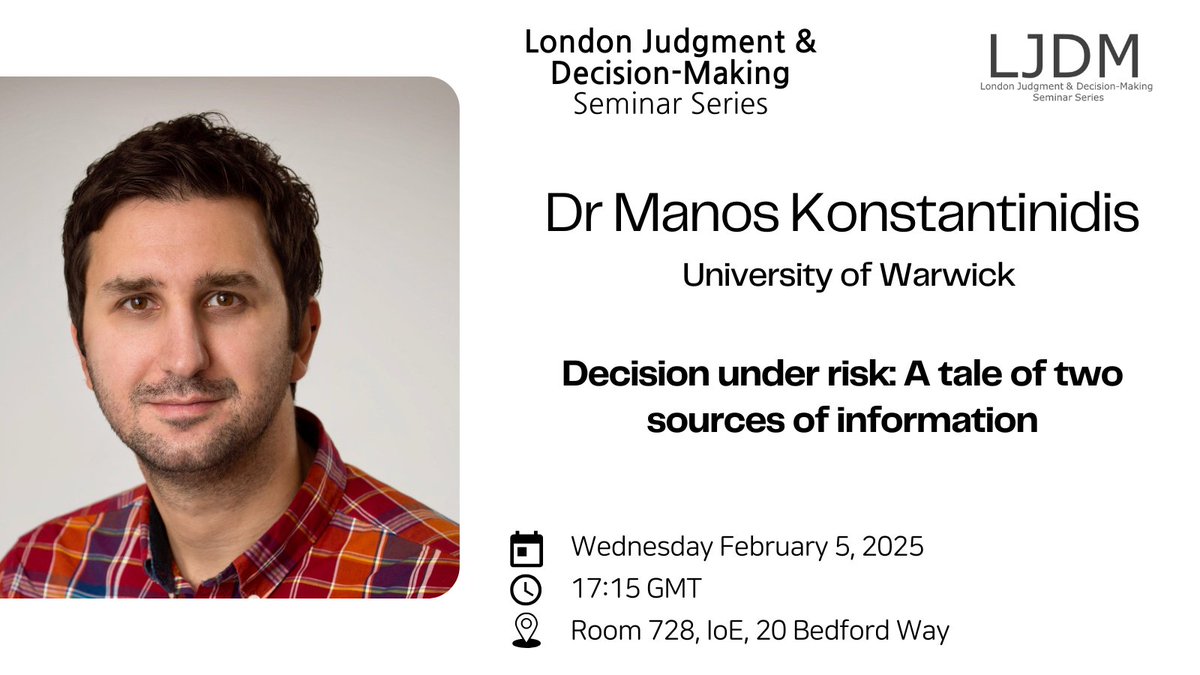 LJDM1's tweet image. We are glad to have Dr Manos Konstantinidis from University of Warwick to give our upcoming talk! Please note this talk will be in-person only. All welcome. For more details, visit our website. #Information #LJDM25