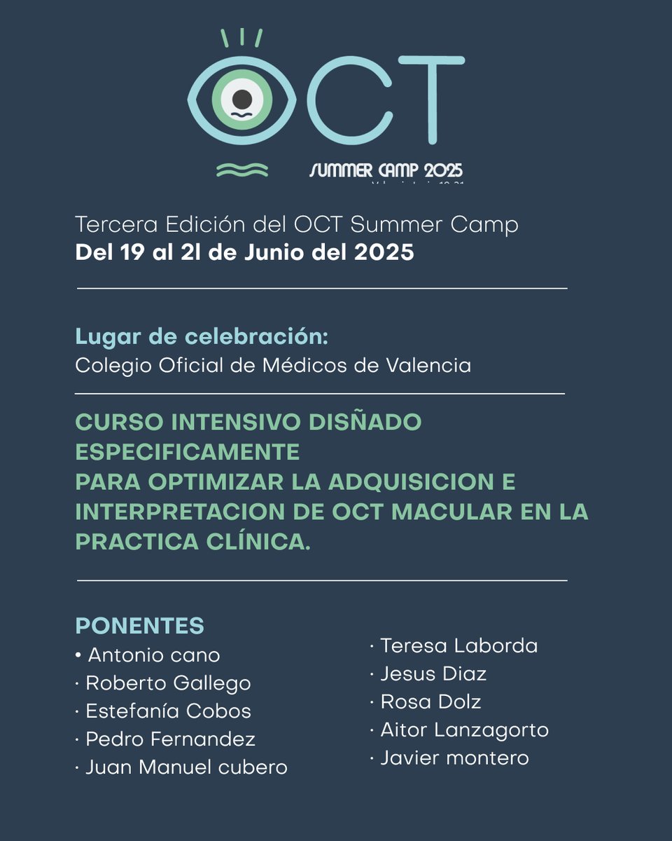 RetinaSERV's tweet photo. 📡 ¡Regresa el OCT Summer Camp en su tercera edición!

Del 19 al 21 de junio de 2025 en Valencia, un curso monográfico único sobre adquisición e interpretación de imágenes de OCT.

📌 Más información en la bio. https://t.co/bruYEyDsSe