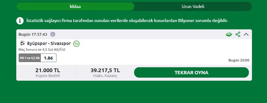 Eyüpspor - Sivasspor maçı MS1 + 4.5 alt tercihine 21.000₺ bastım. Dünkü maçların kârı ile devam ediyorum. Gelirse de maddi sıkıntılardan dolayı bunalıma girmiş 3 kişi dm kutusunu kontrol etsin. Fav atıp takip etmeniz yeterlidir.