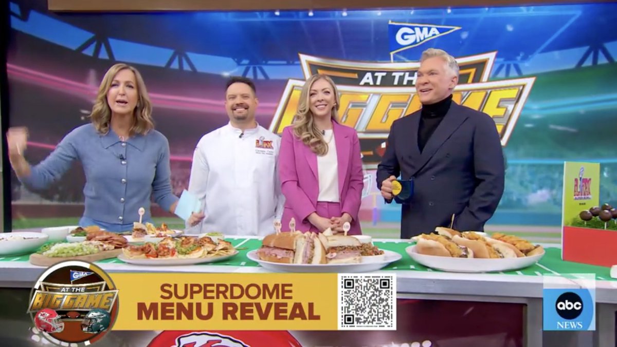 🏈⭐ Good morning, America!   

What better way to reveal our #SBLIX menu at <a href="/CaesarsDome/">Caesars Superdome</a> than by giving <a href="/GMA/">Good Morning America</a> a taste of New Orleans! Our CEO Belinda Oakley &amp; Chef Carmen Callo shared what the 62,000+ fans can enjoy on gameday.

Watch: goodmorningamerica.com/culture/video/… 

#SuperBowlLIx