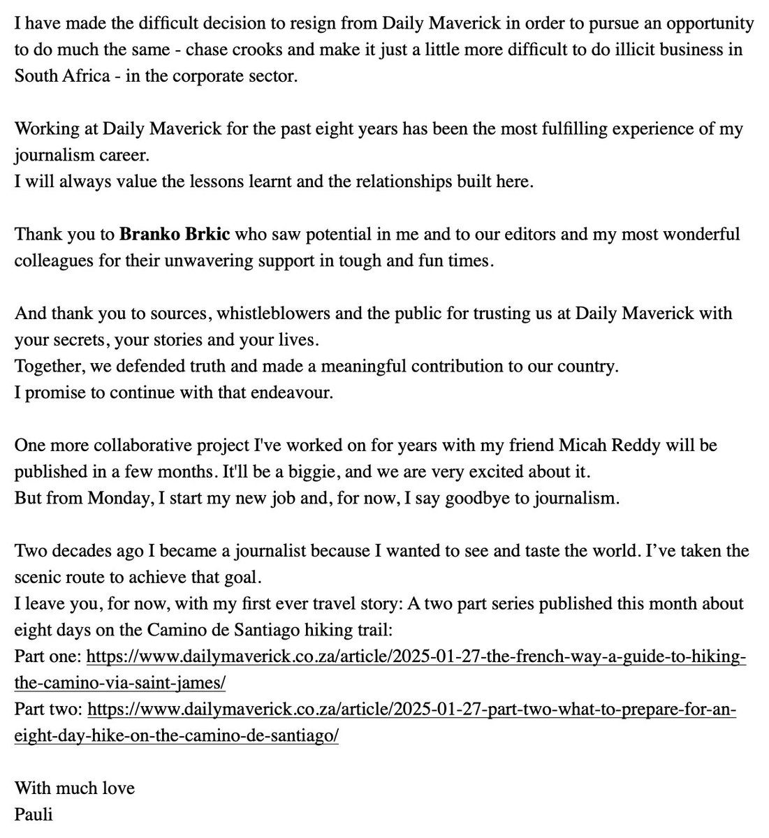 PaulivW's tweet image. I have made the difficult decision to resign from @DailyMaverick in December in order to pursue an opportunity to do much the same - chase crooks & make it just a little more difficult to do illicit business in South Africa - in the corporate sector. Today was my last day. 🥂🇿🇦✨