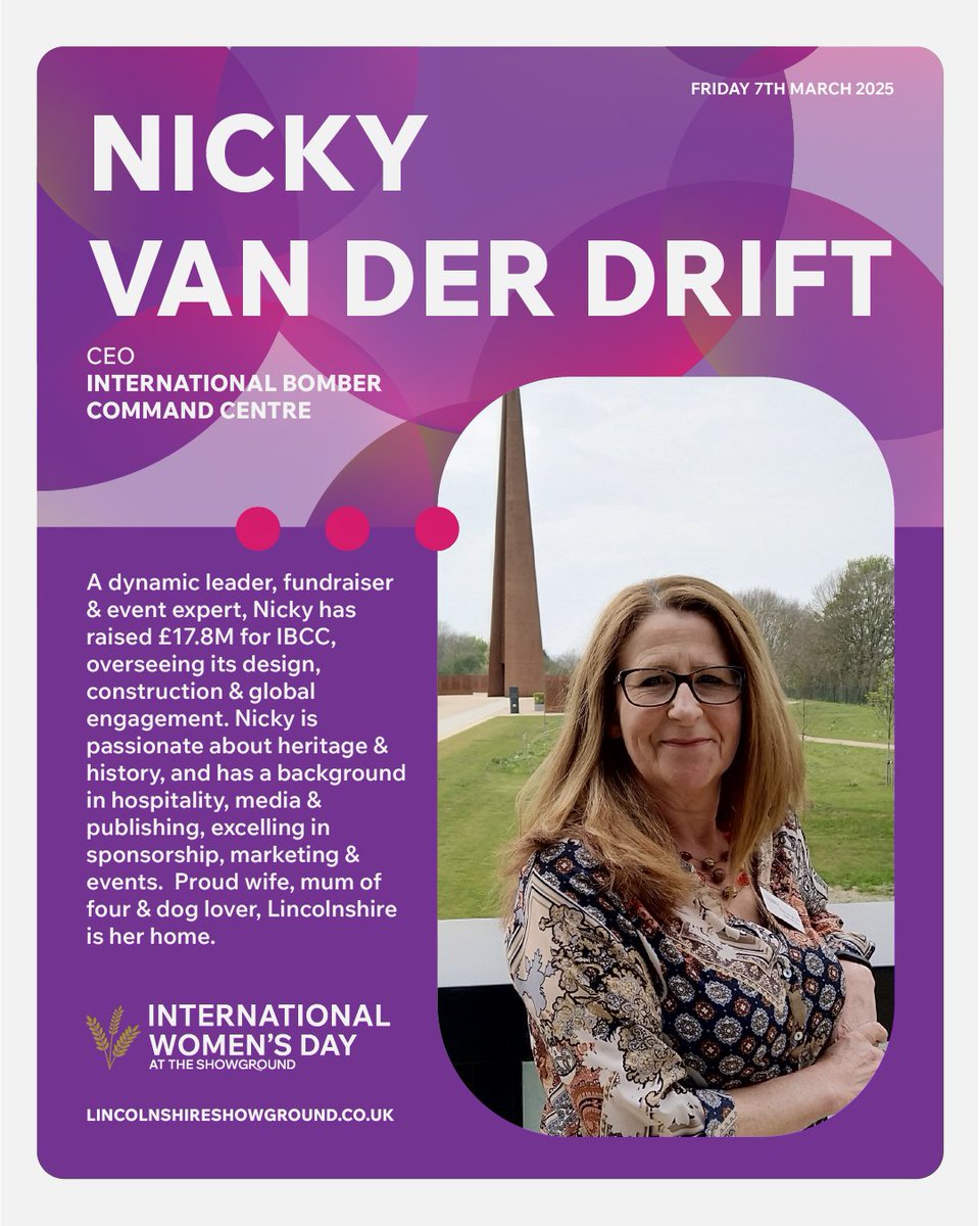 Lincolnshire Showground (@lincsshowground) on Twitter photo 🚀 From hospitality to heritage leadership, Nicky van der Drift is a force to be reckoned with!
Join us on 7 March at our International Women’s Day event, where Nicky, CEO of the <a href="/IntBCC/">International Bomber Command Centre</a>, will share her journey.
🎟 ow.ly/8etu50UR4TA
#IWD2025 🚀 From hospitality to heritage leadership, Nicky van der Drift is a force to be reckoned with!
Join us on 7 March at our International Women’s Day event, where Nicky, CEO of the <a href="/IntBCC/">International Bomber Command Centre</a>, will share her journey.
🎟 ow.ly/8etu50UR4TA
#IWD2025