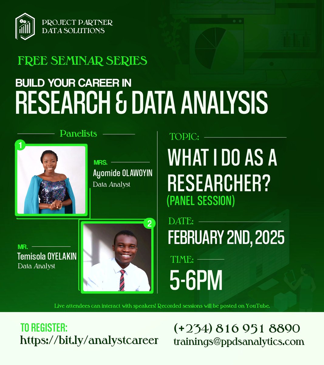 Join our FREE seminar on Building Your Career in Research &amp; Data Analysis!
🎙️ Expert panel on:
✅ What researchers do
✅ Career opportunities
✅ How to start &amp; grow
📅 Sun, Feb 2 | ⏰ 5–6 PM | 📍 Online
📌 Register now: bit.ly/analystcareer
#DataCareer #Research #Researchers