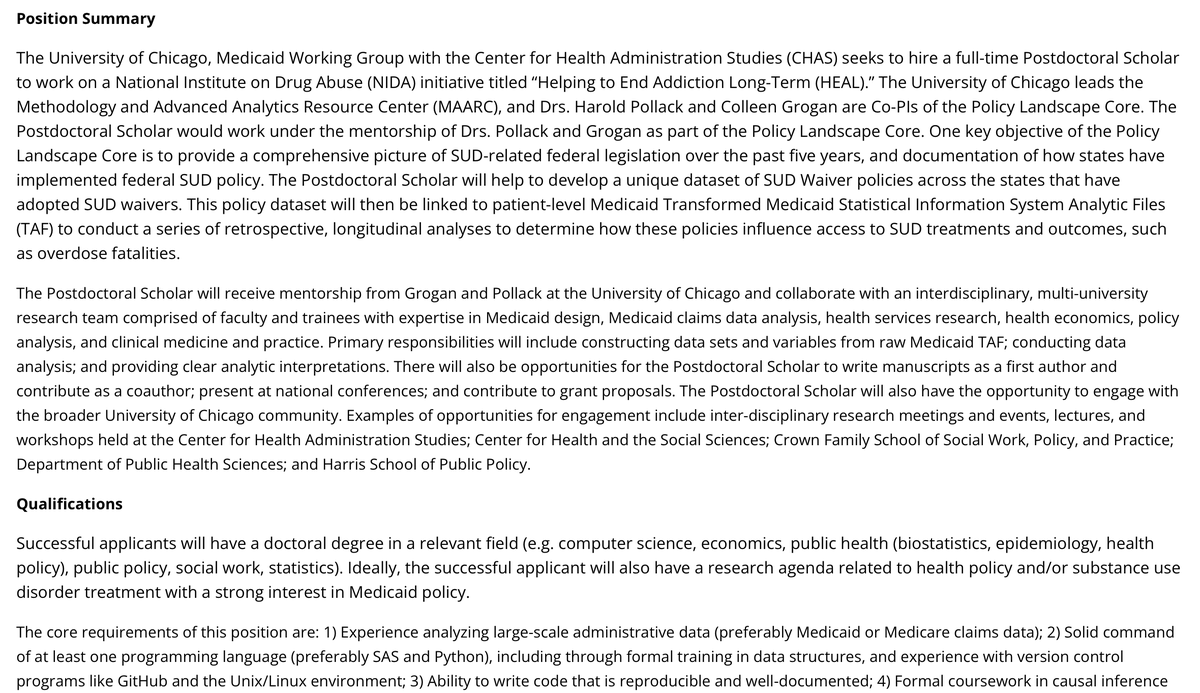 Harold Pollack (@haroldpollack) on Twitter photo We at <a href="/UChicago/">The University of Chicago</a> are looking to hire a postdoc for the JCOIN Methodology and Advanced Analytics Resource Center Policy Landscape Core. The postdoc will work with me, Colleen Grogran, and our MAARC PLC colleagues. Deets here chas.uchicago.edu/about/careers/ We at <a href="/UChicago/">The University of Chicago</a> are looking to hire a postdoc for the JCOIN Methodology and Advanced Analytics Resource Center Policy Landscape Core. The postdoc will work with me, Colleen Grogran, and our MAARC PLC colleagues. Deets here chas.uchicago.edu/about/careers/