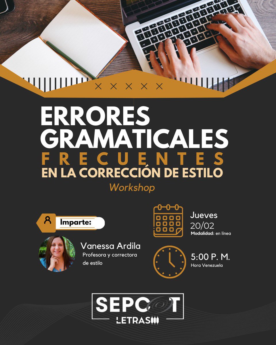 Próximas actividades de SEPCOT✍🏻🔰👀

El jueves 20 de febrero se realizará una conferencia sobre los errores gramaticales más comunes en la corrección de estilo, dictada por nuestra profesora Vanessa Ardila.

📍 Regístrate aquí: ucab.zoom.us/meeting/regist…