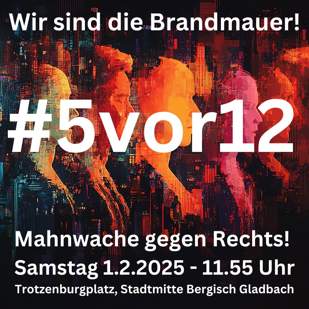 tmsantillan's tweet photo. Wir sind die Brandmauer! #5vor12 #Mahnwache gegen Rechts! Samstag, 1.2.2025 - 11.55 Uhr, Trotzenburgplatz, Stadtmitte #BergischGladbach
#wemelskirchen #bergischgladbach #burscheid #leichlingen #rösrath #overath #kürten #Odenthal #noafd #WirSindDieBrandmauer #DemokratieSchützen https://t.co/updv7esXMe
