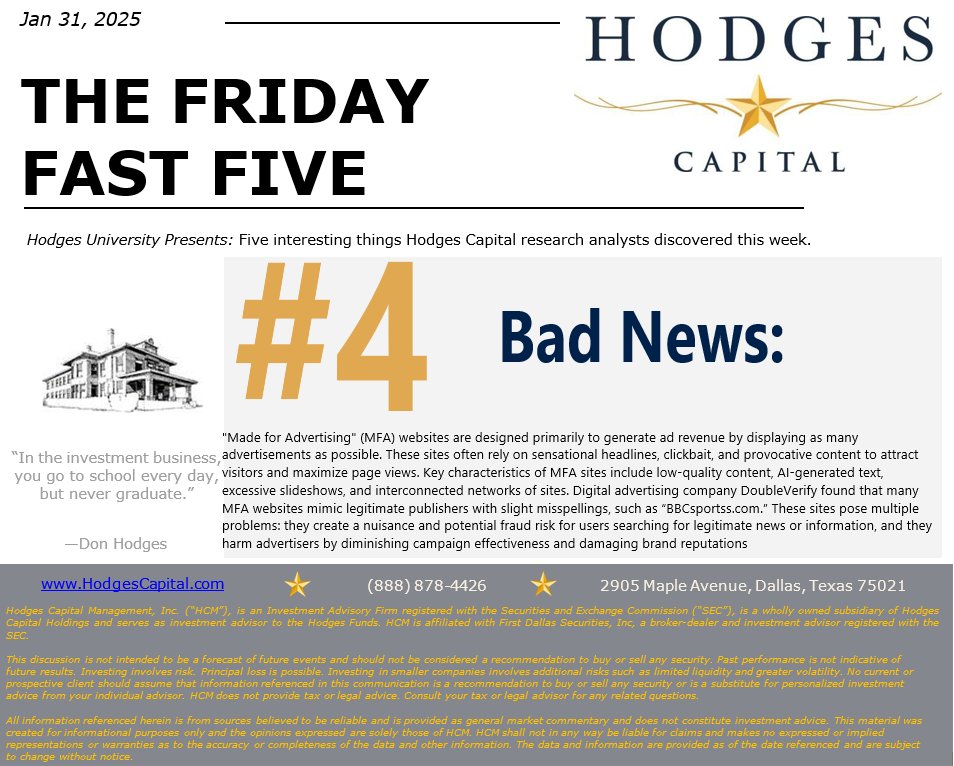 HodgesCapital's tweet photo. Hodges is counting down our top 5 observations of the week. At number 4, pop-up ads may be getting a supercharge thanks to AI, a troublesome revelation for internet users. #Ads #Internet #AI #Fraud https://t.co/4maadHYVRR